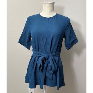 NEW IRIS & INK Petrol Blue Tie-Waist Belted Short Sleeve Round-Neck Blouse Top 8
